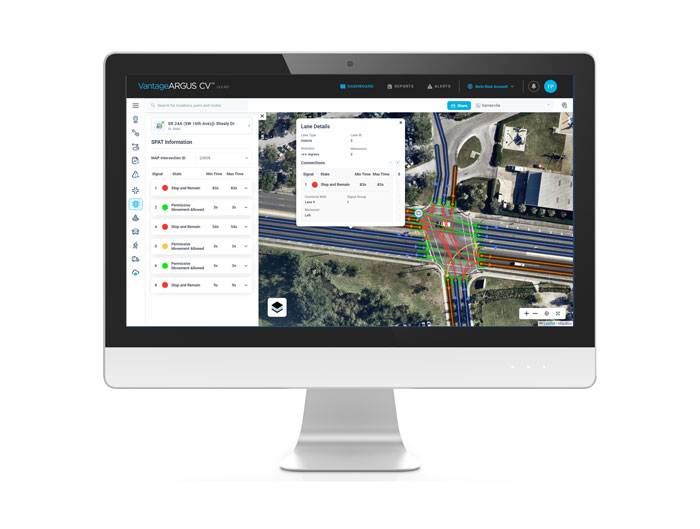RSU monitoring and SPAT information displayed on a map in VantageARGUS CV.